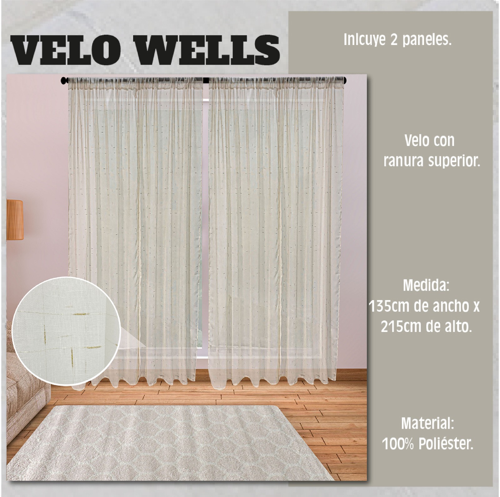 Cortina velo wells 135cmx215cm - Cortinas Colombia